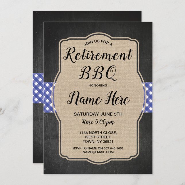 Retirement Party Invite Blue Gingham BBQ Burlap (Front/Back)
