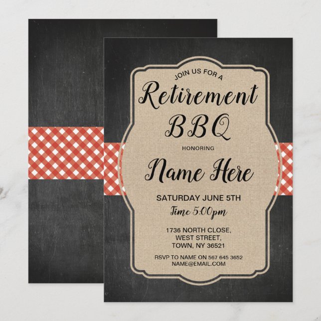 Retirement Party Invite Gingham BBQ Burlap Red (Front/Back)