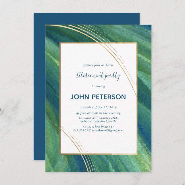 Retirement Party Invite Green, Navy, Gold Elegant (Front/Back)