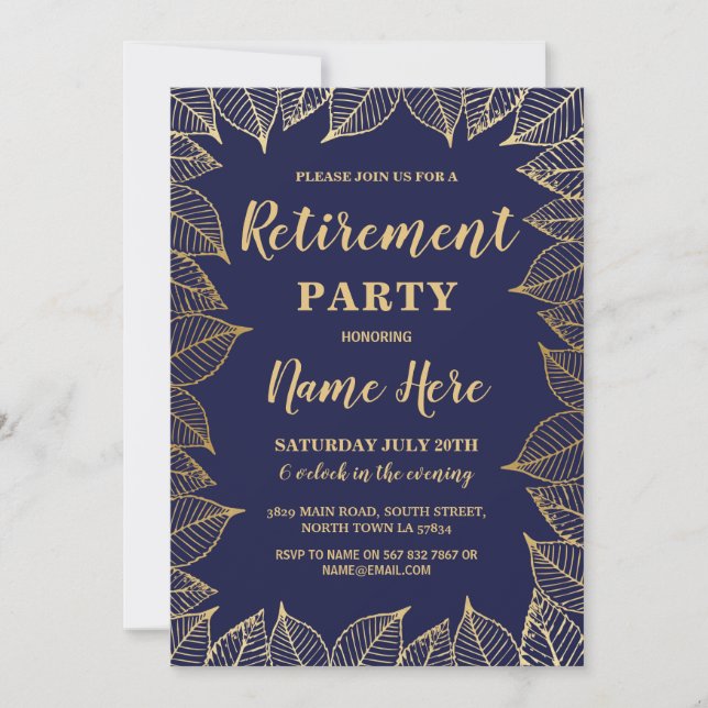 Retirement Party Invite Navy Gold Leaf Fall Autumn (Front)