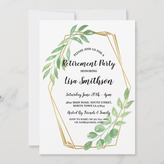 Retirement Party Leaves Gold Frame Summer Invite (Front)