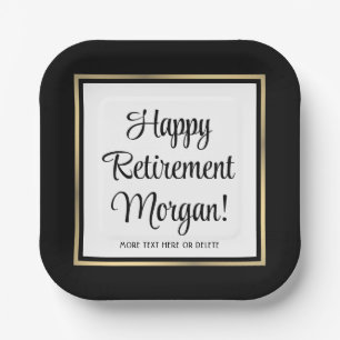 Retirement Party Modern Black, White & Gold Square Paper Plate
