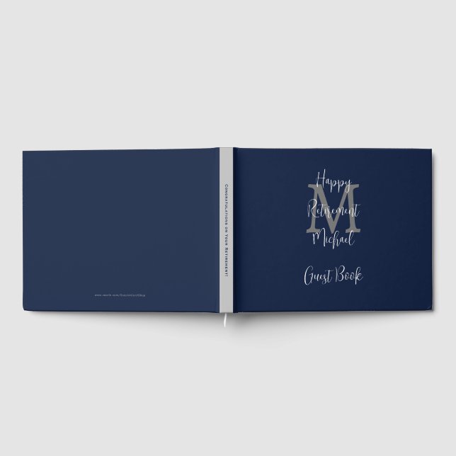 Retirement Party Monogram Blue Grey White Sign-In Guest Book (Full)