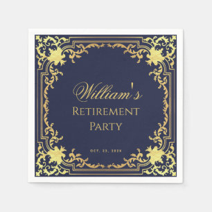 Retirement Party Navy Blue and Gold Elegant Script Napkin