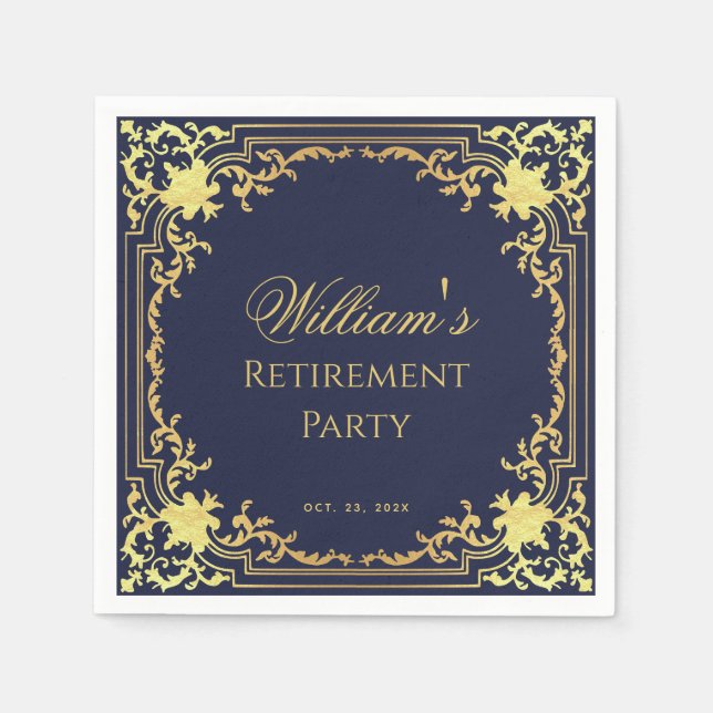 Retirement Party Navy Blue and Gold Elegant Script Napkin (Front)