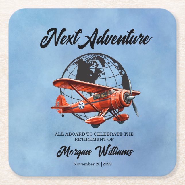 Retirement Party Next Adventure Travel Plane  Square Paper Coaster (Front)
