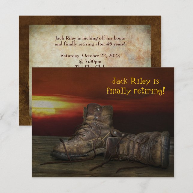 Retirement party-old boots on wood with sunset invitation (Front/Back)