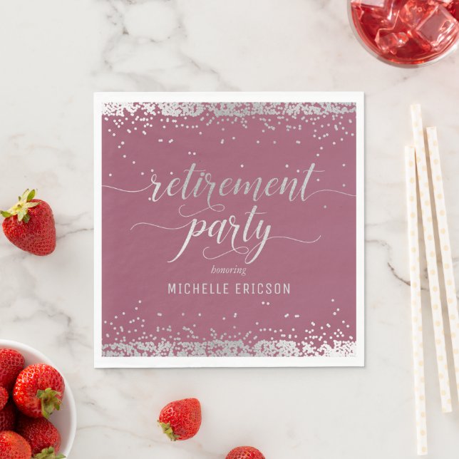 Retirement Party Paper Napkin Elegant Silver, Pink (Insitu)
