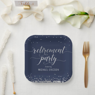 Retirement Party Paper Plate Elegant Silver, Navy
