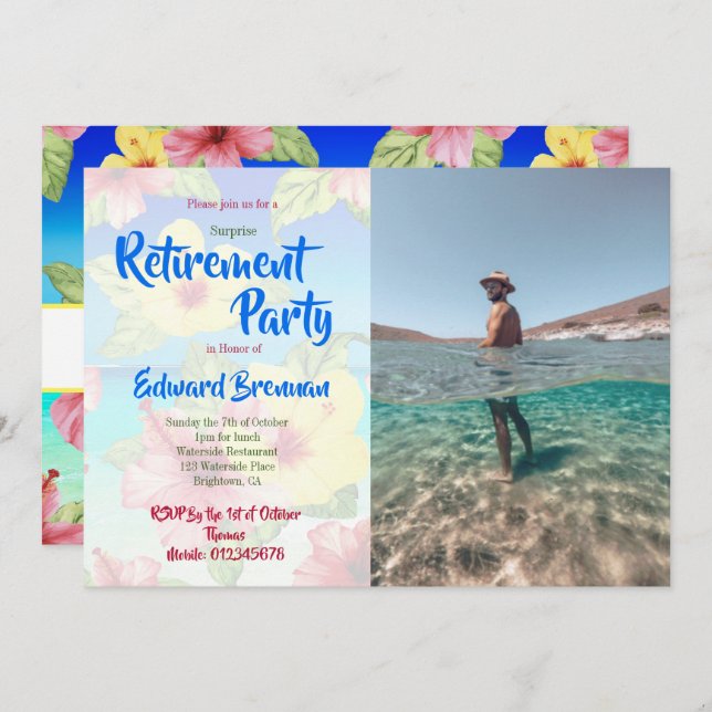 Retirement Party Photo Tropical Flower Invitation (Front/Back)
