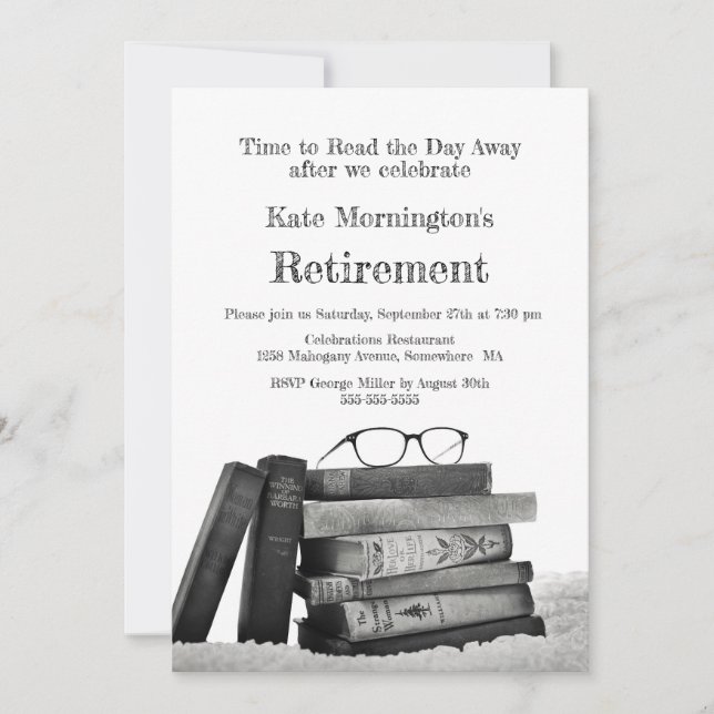 Retirement Party Piled Books and Reading Glasses Invitation (Front)