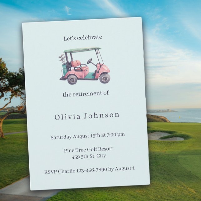 Retirement Party Pink Golf Cart Watercolor  Invitation (Creator Uploaded)