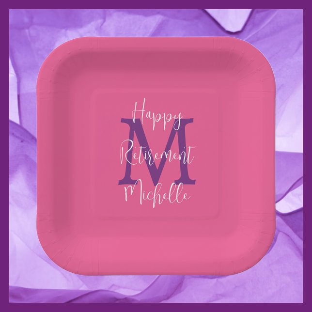 Retirement Party Pink Purple White Name Monogram Paper Plate (Creator Uploaded)