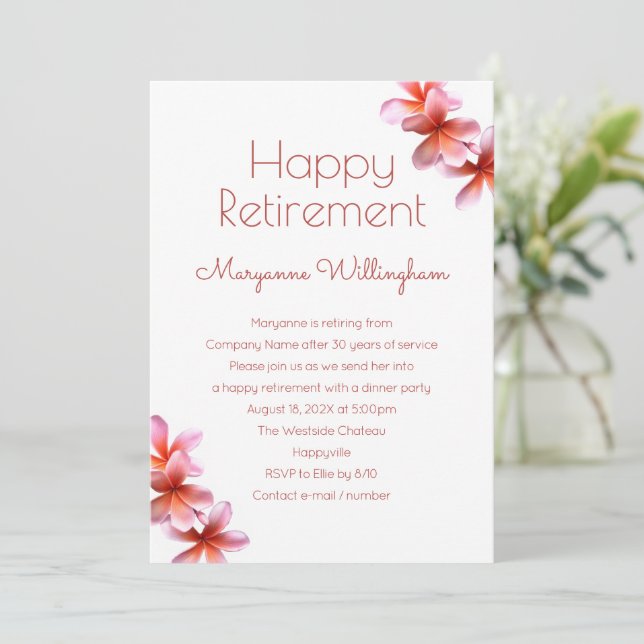 Retirement Party Plumeria Flowers Design Invitation (Standing Front)