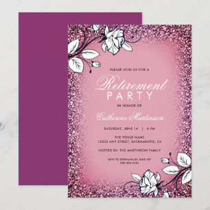 Retirement Party Purple Glitter White Roses Invitation