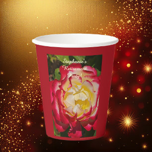 Retirement Party Red and Gold Rose Floral Macro Paper Cups