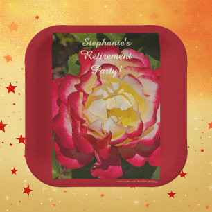 Retirement Party Red and Gold Rose Floral Macro Paper Plate