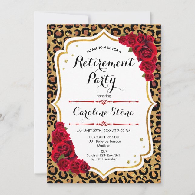 Retirement Party - Red Gold Leopard Print Invitation (Front)