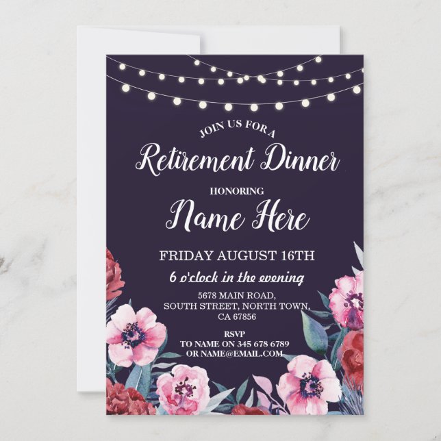 Retirement Party Retire Flowers Invite Navy Pink (Front)