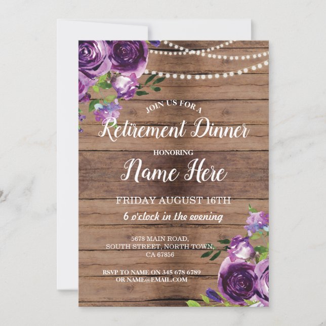 Retirement Party Retire Purple Wood Flowers Invite (Front)