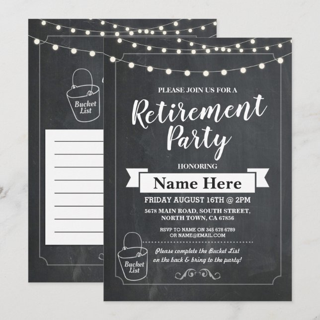 Retirement Party Rustic Bucket List Chalk Invite (Front/Back)