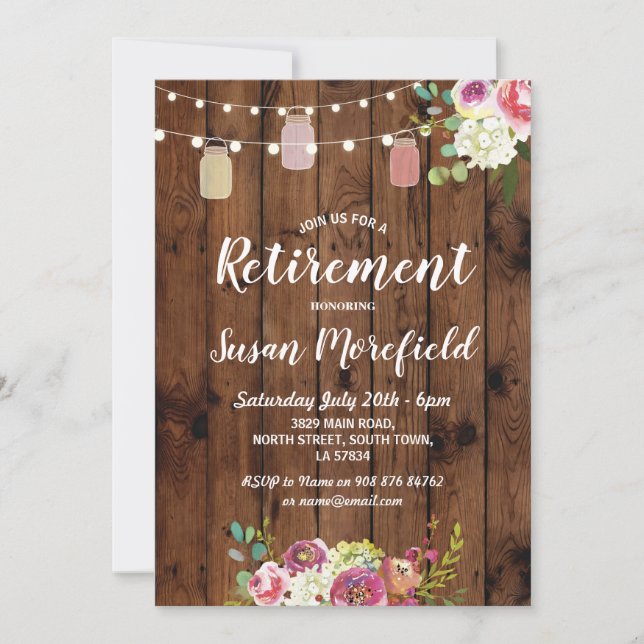 Retirement Party Rustic Jars Wood Floral Invite (Front)