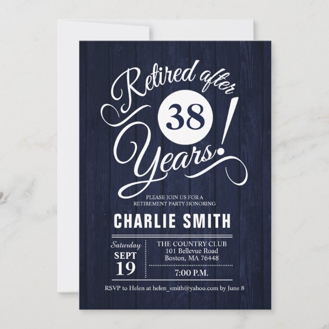Retirement Party - Rustic Navy Wood White Invitation (Front)