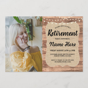 Retirement Party Rustic Retired Wood Burlap Photo Invitation