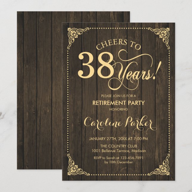Retirement Party - Rustic Wood Gold Invitation (Front/Back)