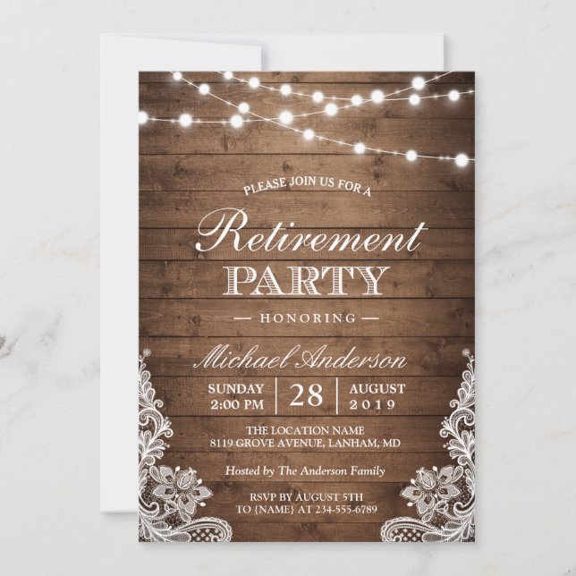 Retirement Party | Rustic Wood String Lights Lace Invitation (Front)