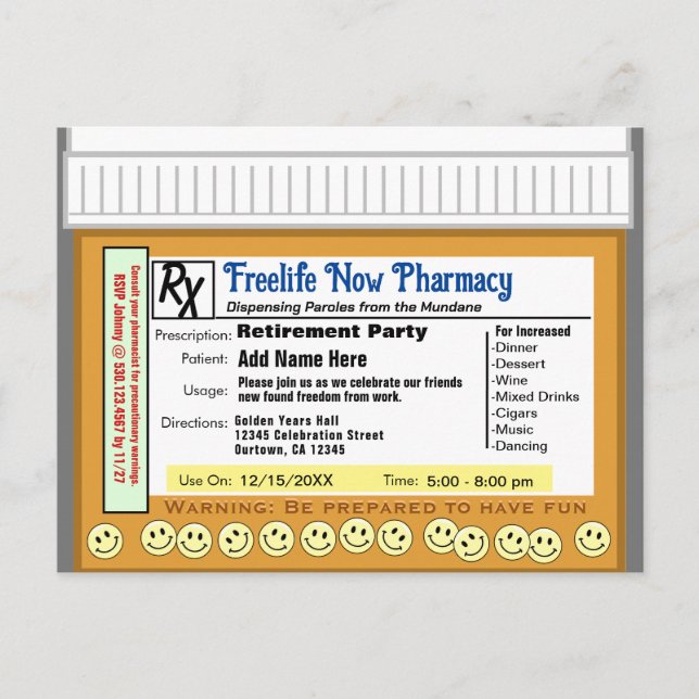 Retirement Party RX for Fun Postcard (Front)