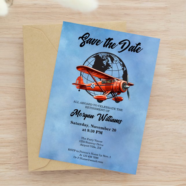 Retirement Party Save the Date Globe Travel Plane  Invitation (Creator Uploaded)