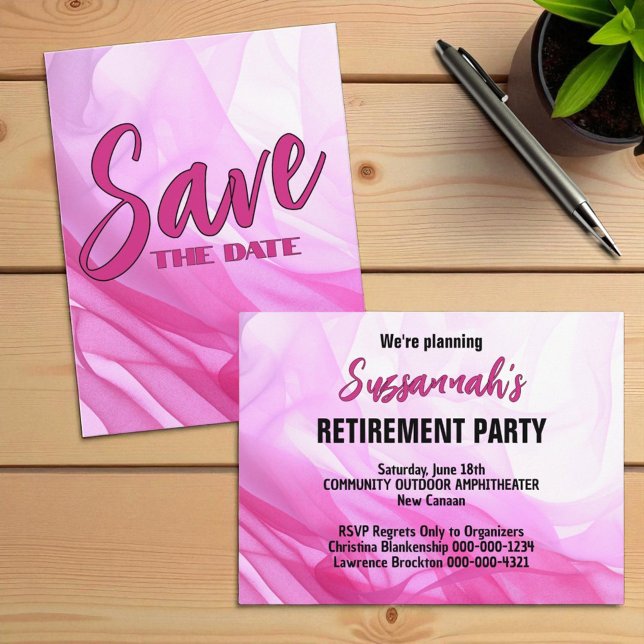 Retirement Party Save The Date Pink Abstract Announcement Postcard (template invitation back template text)