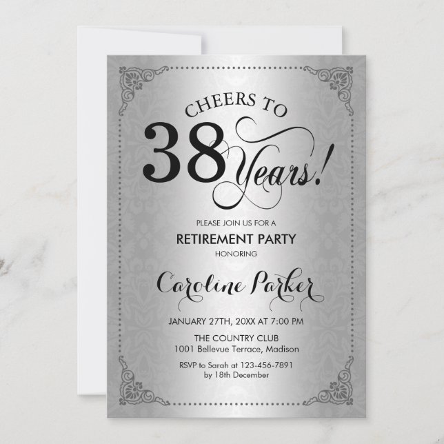Retirement Party - Silver Black Damask Invitation (Front)