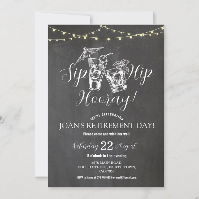 Retirement Party Sip Hip Hooray Cocktails Chalk Invitation (Front)