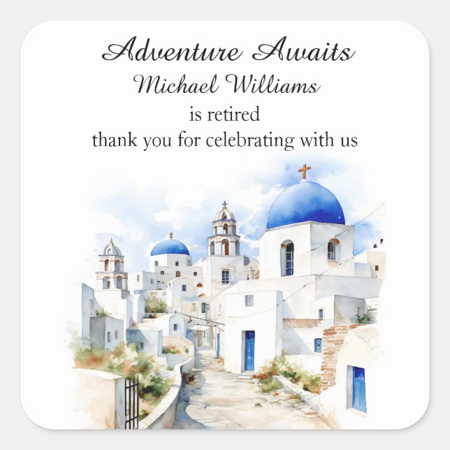 Retirement Party Vintage Colourful Greece Village  Square Sticker (Front)