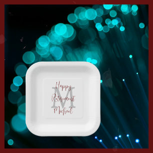 Retirement Party White Gray Burgundy Name Monogram Paper Plate