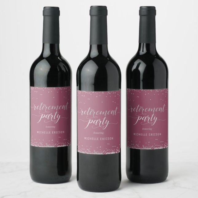 Retirement Party Wine Labels Elegant Silver, Pink (Bottles)