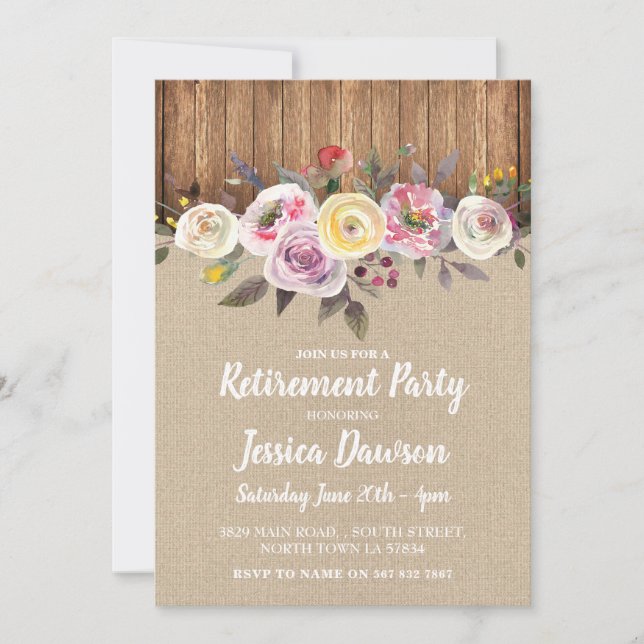 Retirement Party Wood Burlap Floral Rustic Invite (Front)