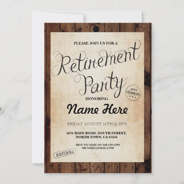 Retirement Party Wood Rustic Retire Vintage Invite (Front)