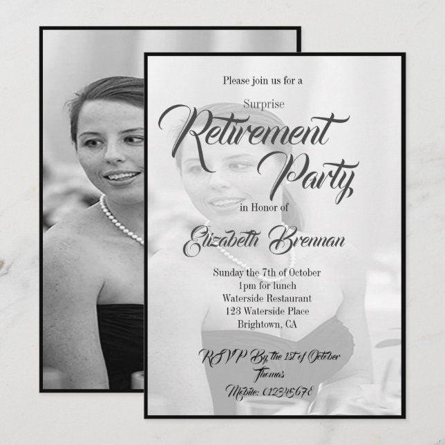 Retirement Photo Elegant  Black and White Stylish Invitation (Front/Back)