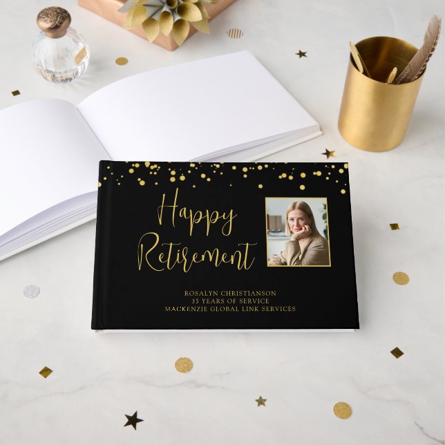 Retirement Photo Handwritten Script Gold Confetti Guest Book (Front Open)