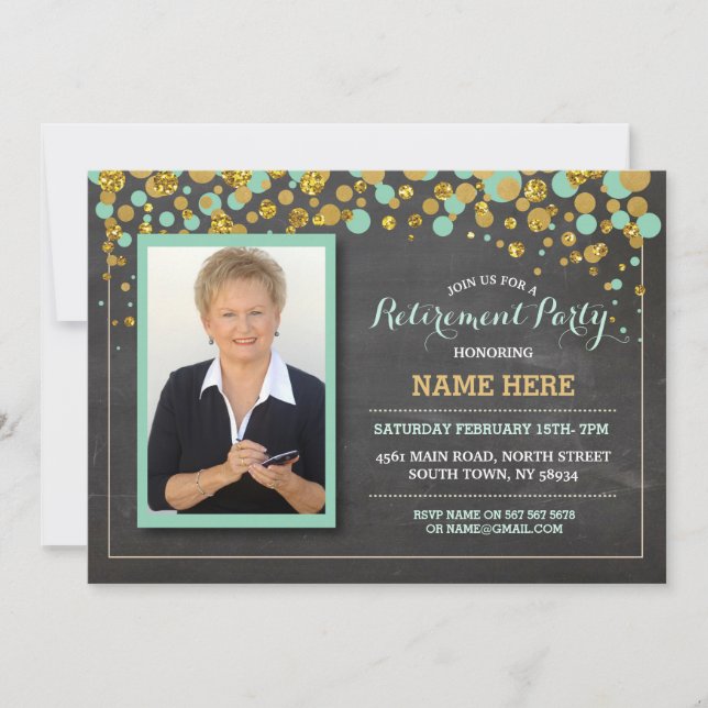 Retirement Photo Mint Chalk Party Invitation (Front)