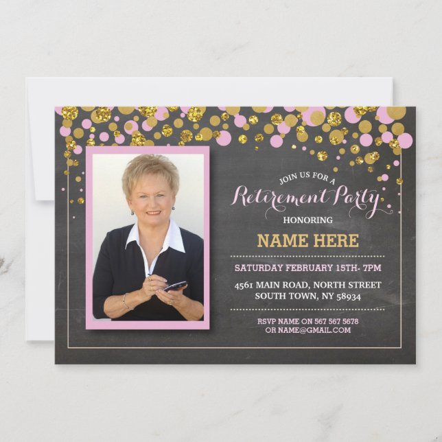 Retirement Photo Pink Chalk Party Invitation (Front)