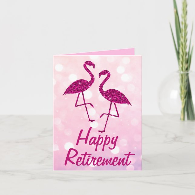 Retirement pink flamingo Custom text Greeting Card (Front)