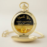 Retirement postal worker black gold bow thank you pocket watch<br><div class="desc">Elegant,  classic,  glamourous and feminine. A gift for a retired postal worker.  A faux gold coloured bow and ribbon,  a bit of bling and luxury. Black background. With the text: Thank You,  templates for a name and occupation,  profession.</div>