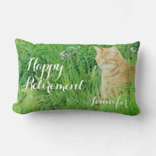 Retirement sleeping ginger cat in a meadow card lumbar pillow