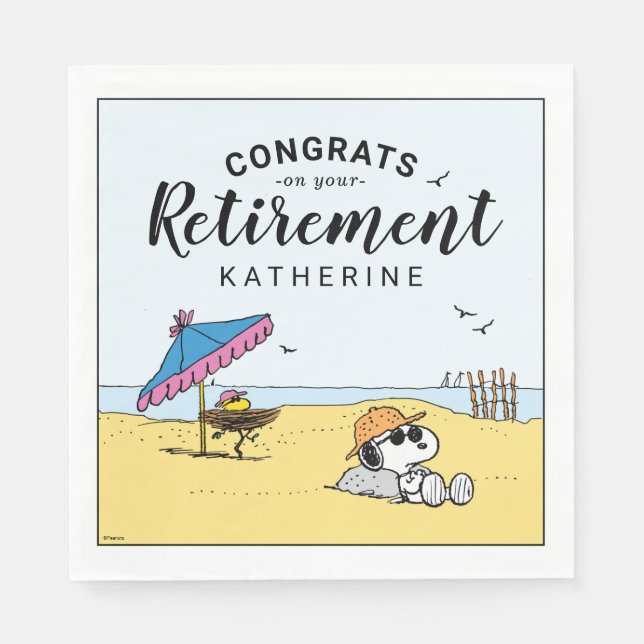 Retirement | Snoopy & Woodstock on the Beach Napkin (Front)