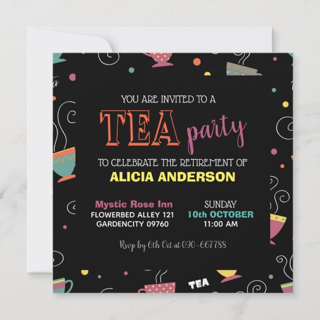 Retirement Tea Party in vivid colours hot cups Invitation (Front)