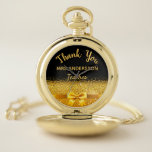 Retirement teacher black gold bow thank you pocket watch<br><div class="desc">Elegant,  classic,  glamourous and feminine. A gift for a retired female teacher.  A faux gold coloured bow and ribbon with golden glitter and sparkle,  a bit of bling and luxury. Black background. With the text: Thank You,  templates for a name and occupation,  profession.</div>